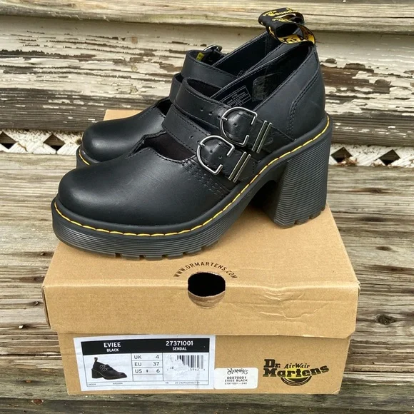 Dr. Martens Eviee Heeled Shoes in Black Sendal Leather Women's Size 6